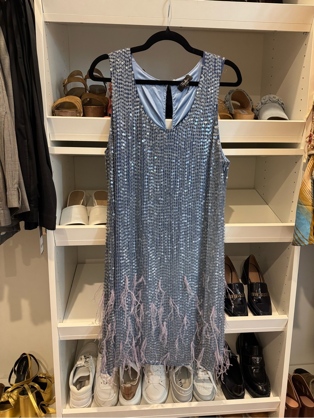 Parker Light Blue Sequined Mini Dress with Pale Pink Feather Hem